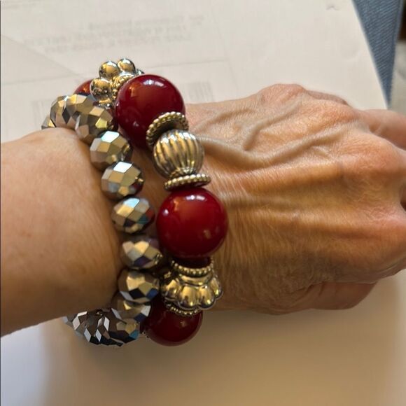 Red and Silver Beaded Stretch Bracelets Set of 2 - Picture 1 of 5